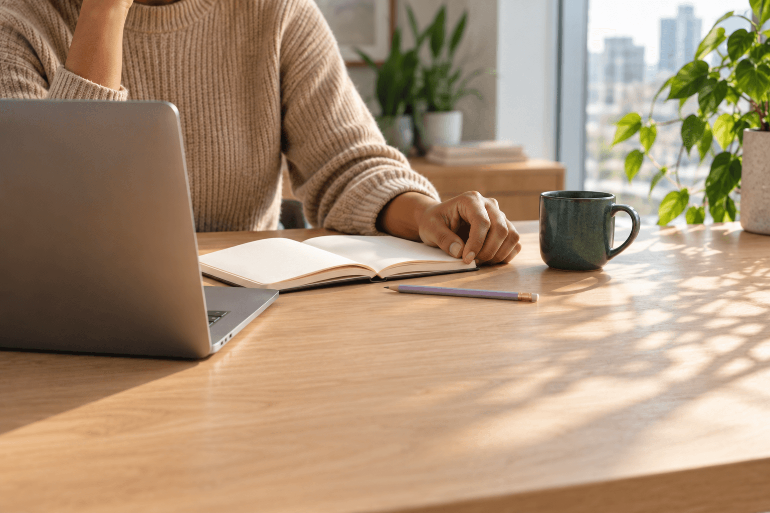 A manager's notebook and laptop beside a window, ready for a 1:1.
