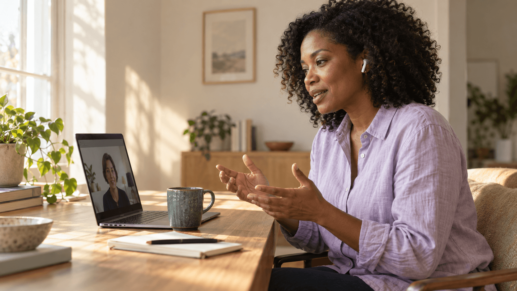 A manager talking with a remote colleague on a video call from her home workspace.